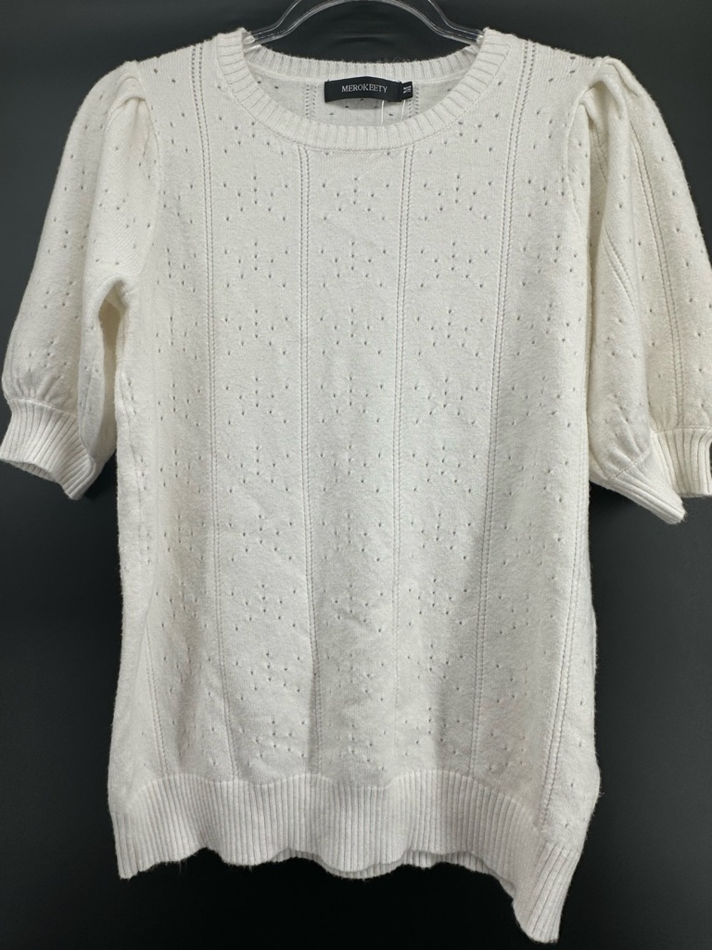 Womens White Knit Sweater Top Puff Sleeve‎ Eyelet Size Large